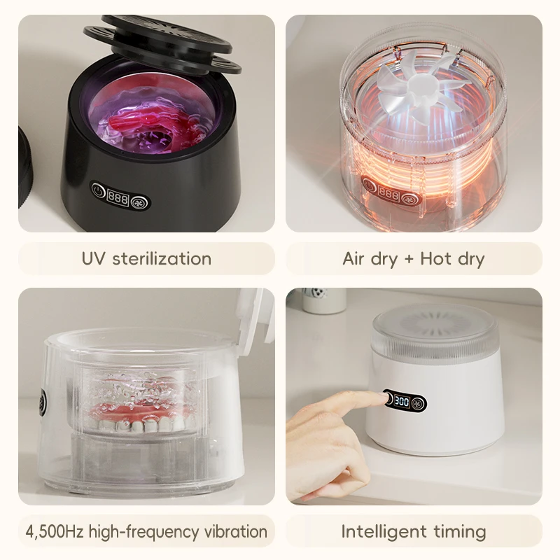 2024 New Products Dental Heating And Drying Function Ultrasonic Uv Cleaning Teeth Mouth Guard Ultrasonic Denture Cleaner
