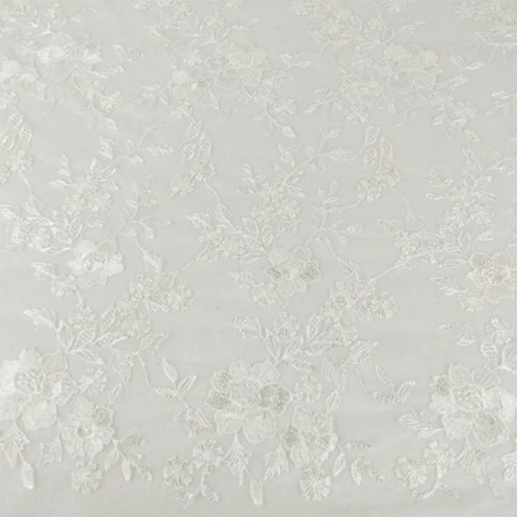 Wholesale luxury white  embroidery  mesh lace  fabric for fashion wedding dress