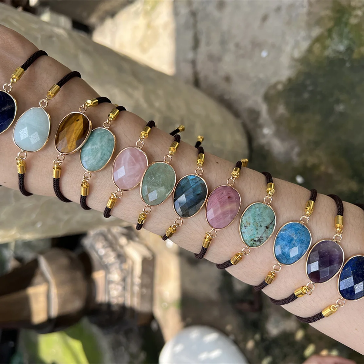 summer collection double side faceted natural stone oval gold Charm Adjustable  handmade bracelet for kids girl woman and man