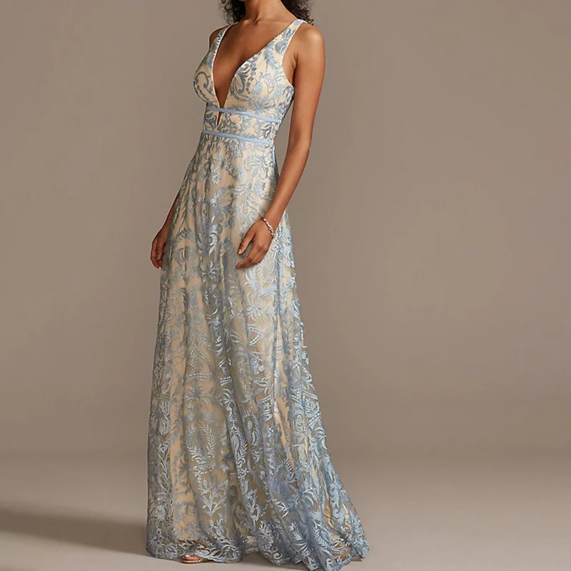 Weixin длинное вышитое Сетчатое ТРАПЕЦИЕВИДНОЕ ПЛАТЬЕ С Глубоким V-образным вырезом женское вечернее платье без бретелек