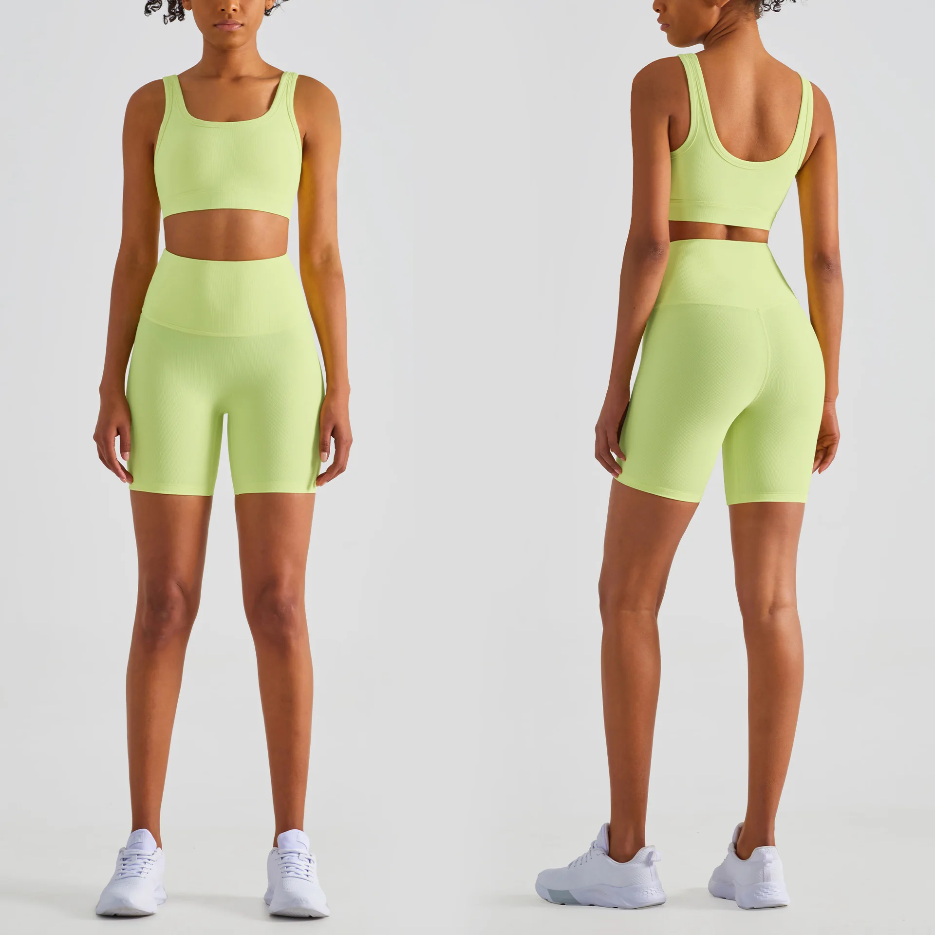 Women Elastic Compression Soft Quick Dry Ribbed Yoga Shorts and Bra Set