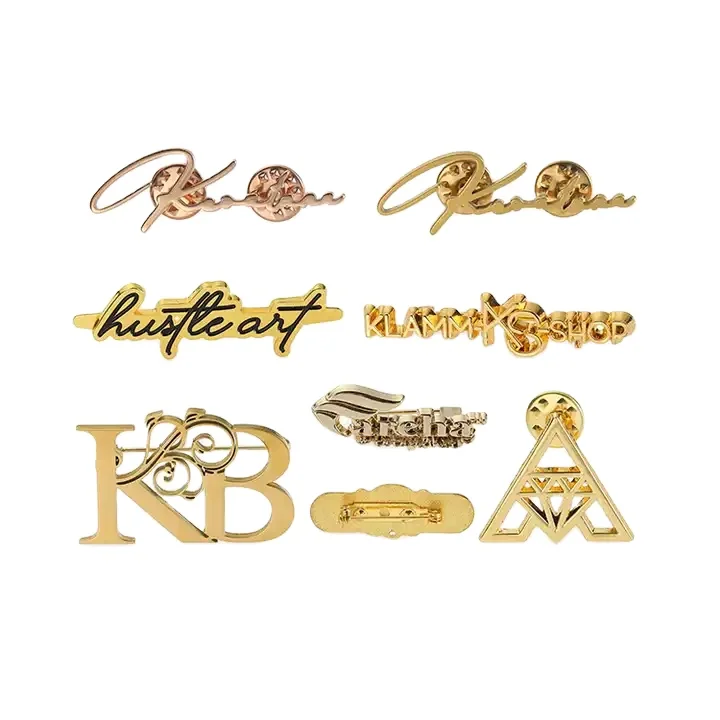 Popular Decorative  Custom Wholesale Luxury Embossed Gold Letter 3D Logo Suit Badge Metal Hollow Brooch Lapel Pin For Clothes