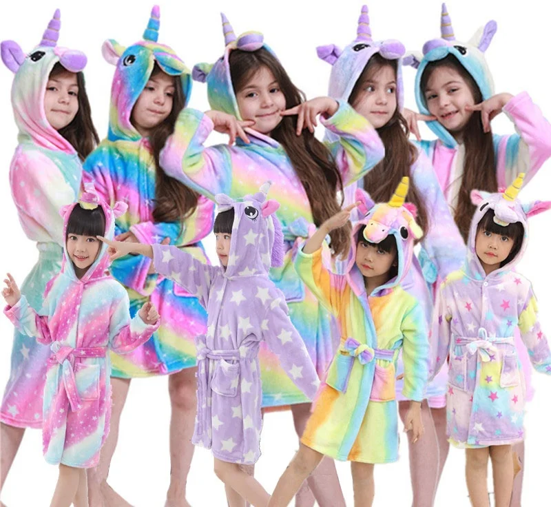 warm animals unicorn design flannel children sleepwear girls bath coat hooded baby robes for bath