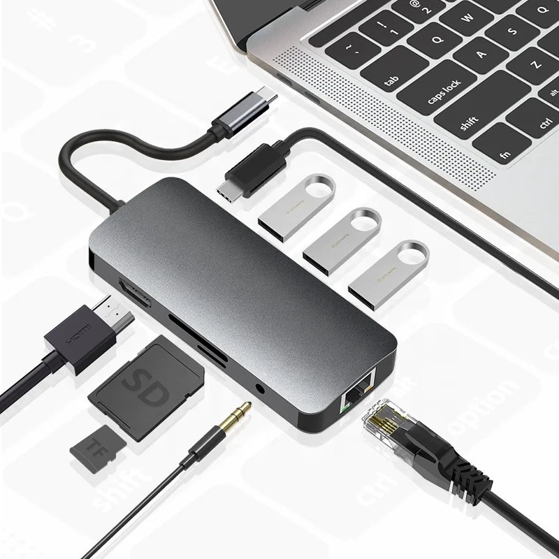 9 In 1 Usb C Hub Multipoort Adapter 4K 60Hz Hd Video Pd 100W 1000Mbps Rj45  Multifunction Docking For Laptop Usb C To 9In1 Hub