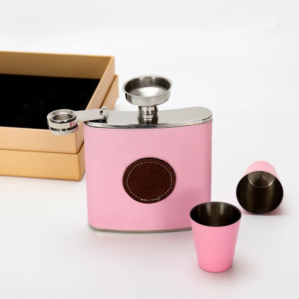 Gift Set Liquor Black Lather BPA-free 6oz 7oz 8oz Hip Flask Set Stainless Steel Hip Flasks