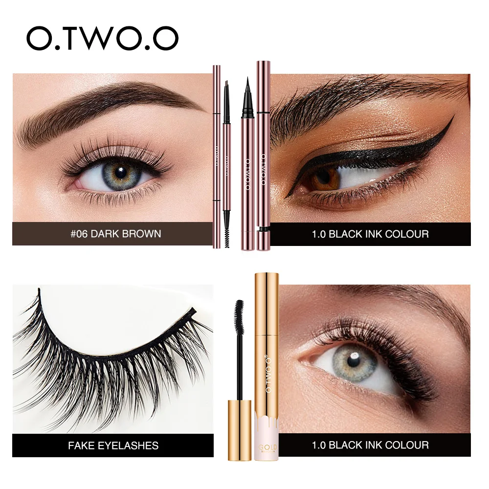 O.TWO.O Long Lasting Thick Curling Mascara Eyebrow Pencil Eyeliner Eyelash 4 in 1 Eyes Makeup Set