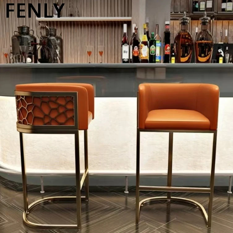 Luxury Modern Bar Chair with High Stool Stainless Steel Leg Iron Frame Leather Backrest-for Kitchen Dining Front Desk Bar Use