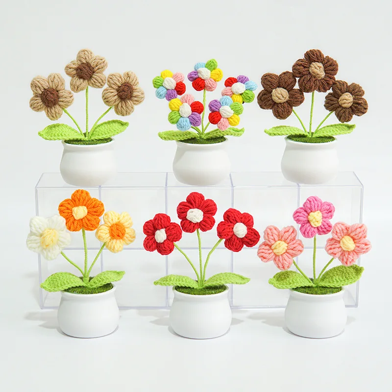 Manufacturer Direct Sales Mother Valentines Gifts Artificial Bonsai Handmade Knitted Flowers Crochet Flower Pot