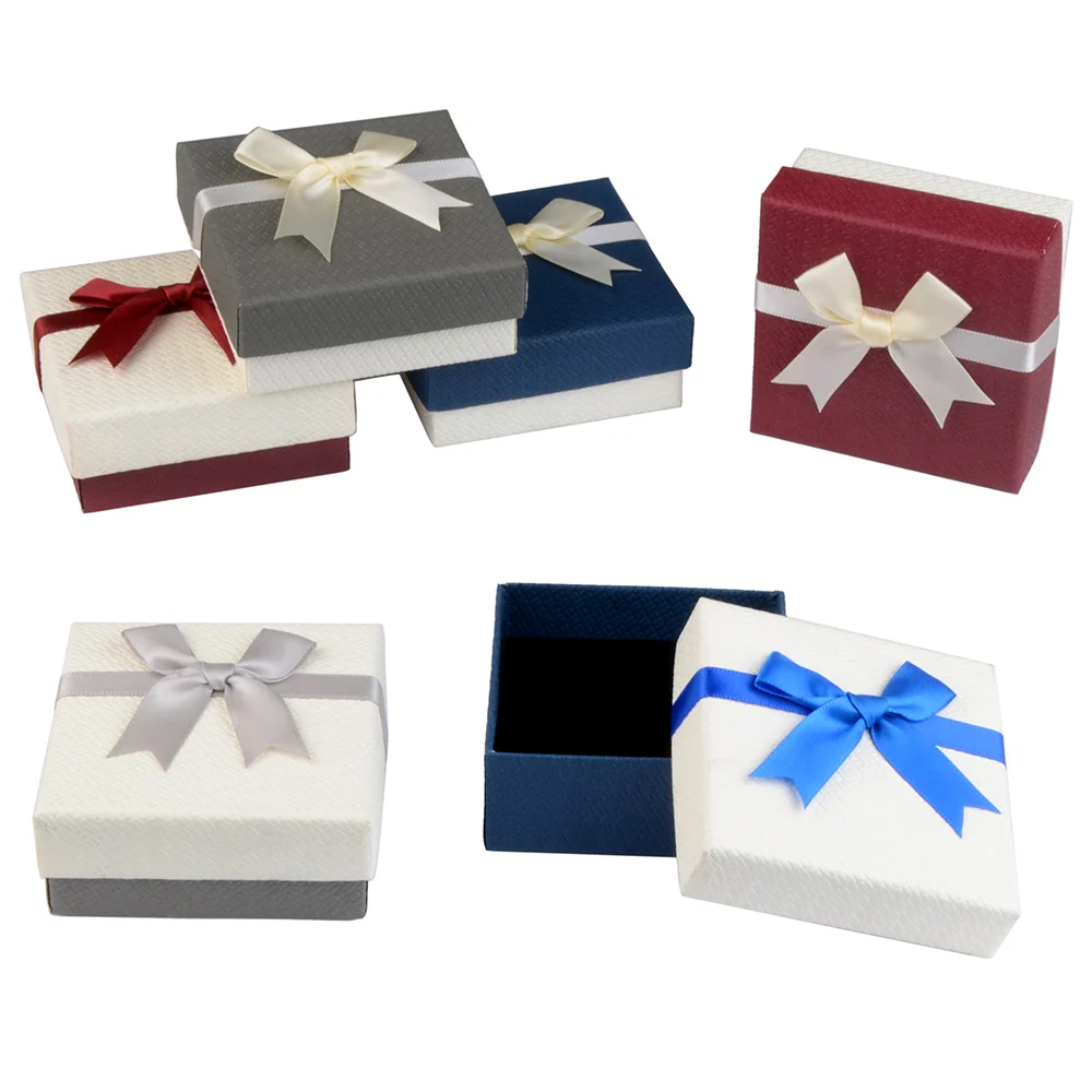 Fashion Gift Packaging Cardboard Box With Lines And Bow Color Blocking Jewelry Paper Box
