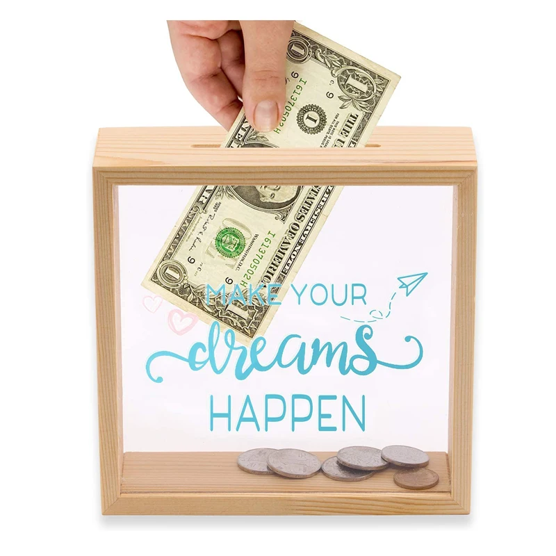 Adults Coin Cash Money Saving Box Decorative Shadow Box Wooden Frame Piggy Bank Glass Natural Windows for Kids with Transparent