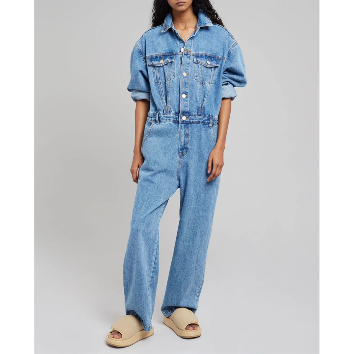 Custom One Piece Jeans Long Sleeve Stone Wash Girdling Denim Jumpsuit For Women