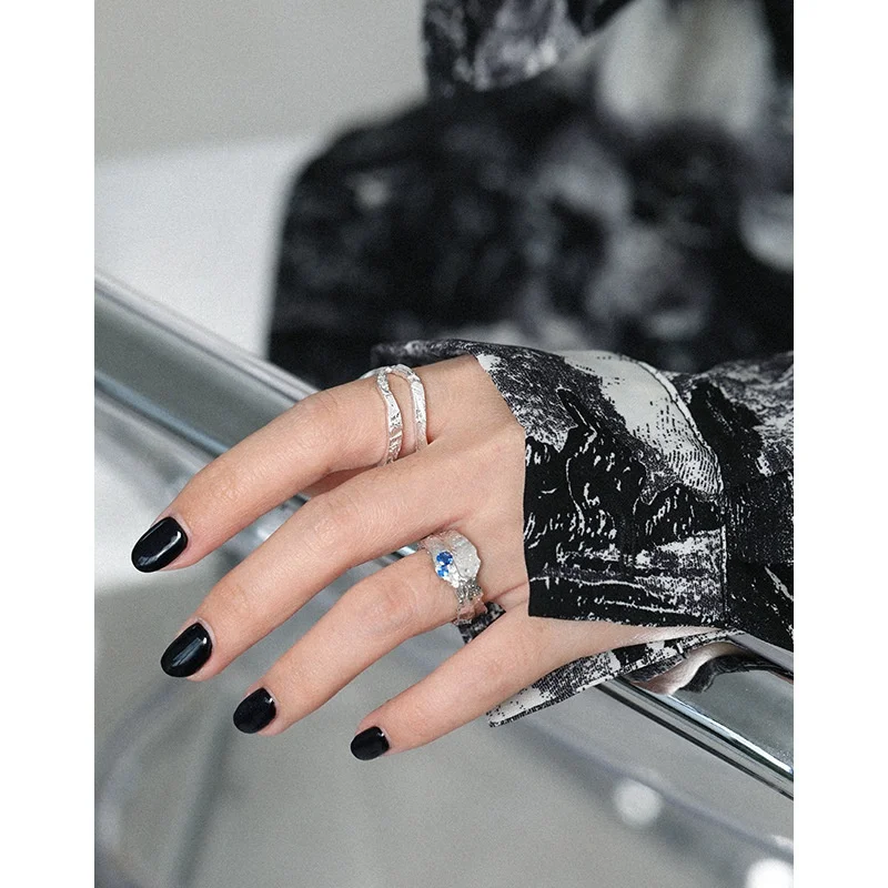 S925 sterling silver ins niche design sense texture irregular surface dark blue zircon open female ring