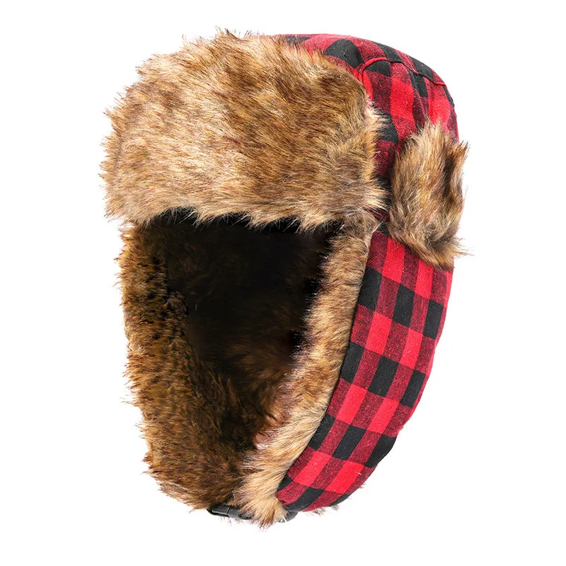 Plaid Faux Fur Bomber Hat for Women Men Custom Riding Fuzzy Thick Warm Black Red Checked Earflap Winter Cap Fur Trapper Hat