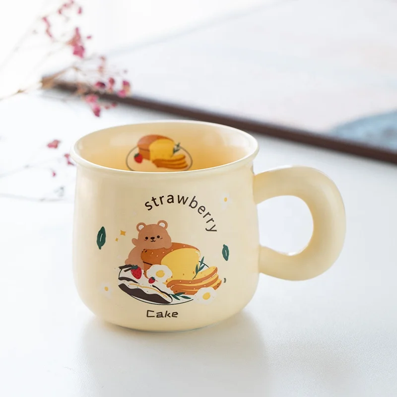 Cute Morning Coffee Mug 395ml/14oz Kawaii Bear Pattern Household Ceramics Latte Milk Tea Cup for Boys Girls Kids  Home Family