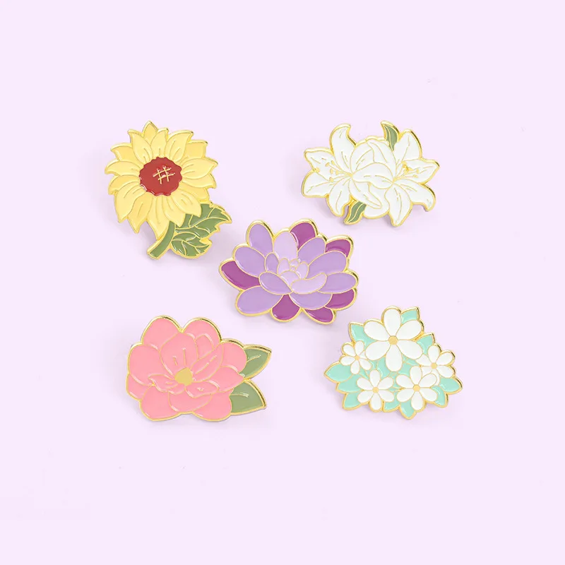 New flower brooch temperament lily sunflower drop paint brooch anti go light buckle wholesale Enamel Pins