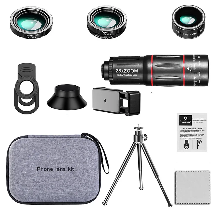 4In1 198Degrees Fisheye Mobile Lenses 28X Telephoto Camera Zoom Lens