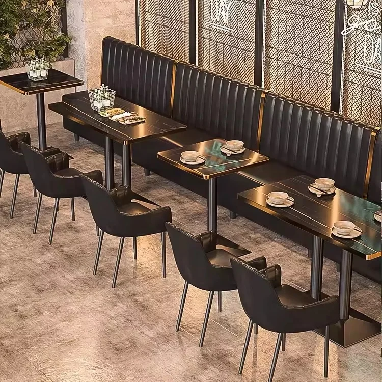 Luxury restaurant furniture sofa set black marble look dining table and chairs booth seating for club cafe pub bar