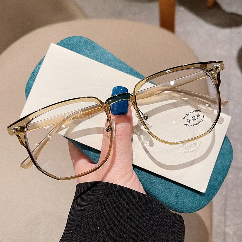 New TR90 Big Square Frame Myopia Glasses Frame Korean Version Rivet Irregular Plain Lens Women Blue Light Glasses