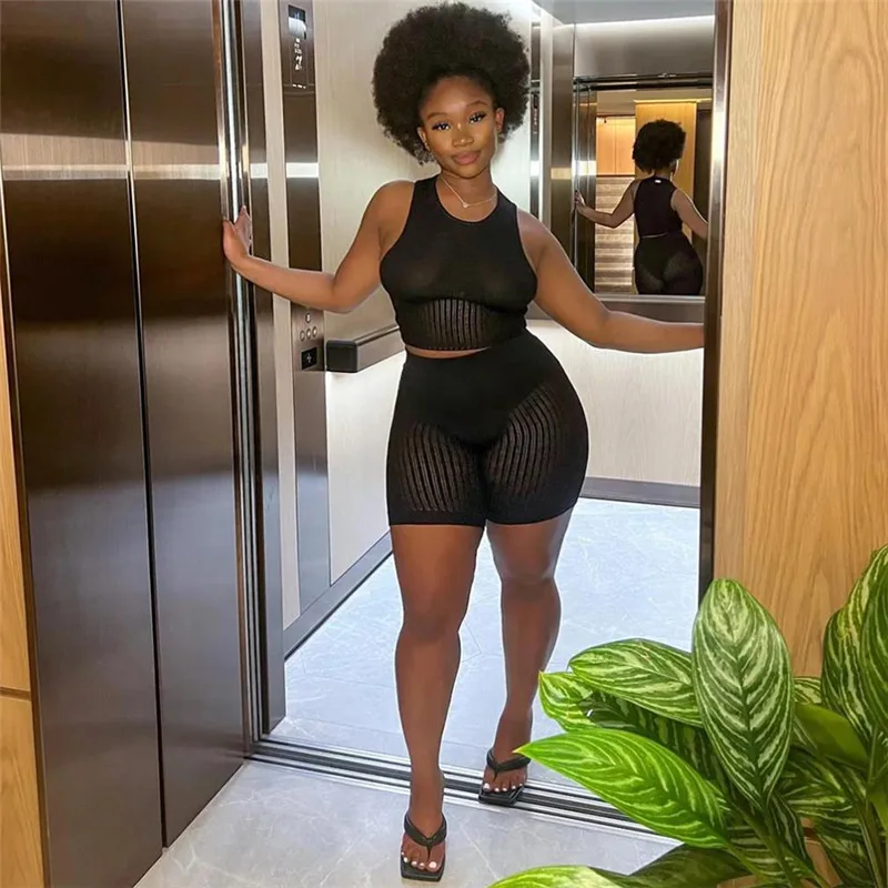 Knitted Tracksuit 2/Two Piece Set Women Tank Tops + Shorts Elastic Sporty Matching Streetwear Slim Outfit