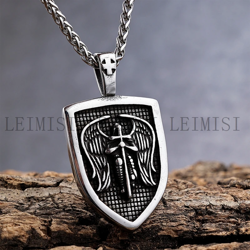 Mens Stainless Steel Religious Vintage Non Tarnish jewelry Stainless Steel Angel of Shield Wing Cross Pendant Necklace