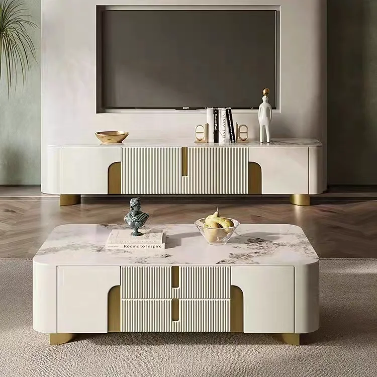 NOVA Modern Hotel Apartment Living Room White Wooden Muebles Tv Stand Sintered Stone Entertainment Center Cabinet Furniture Sets