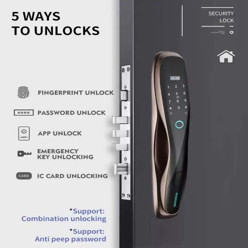 Waterproof Biometric Fingerprint Home Porte En Bois 3d Face Recognition Camera Smart Lock for Front Door WiFi Zigbee Wood