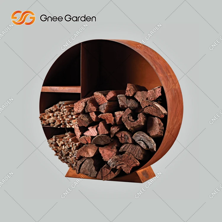 Wood Burning Corten Steel Log Fire Pits With Wood Log Storage