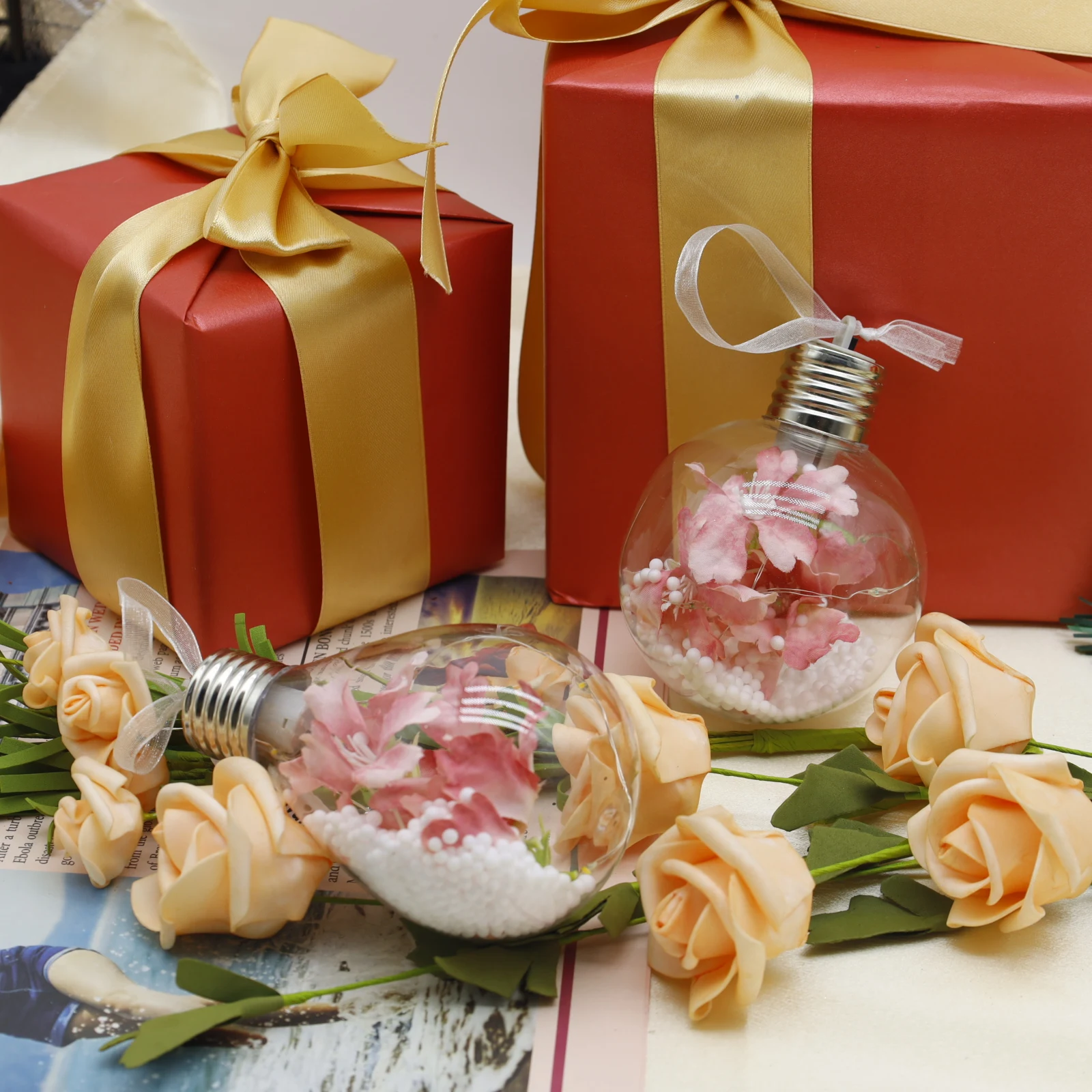 8cm LED clear glass ball Christmas ornament decorated with pink flowers and foam beads