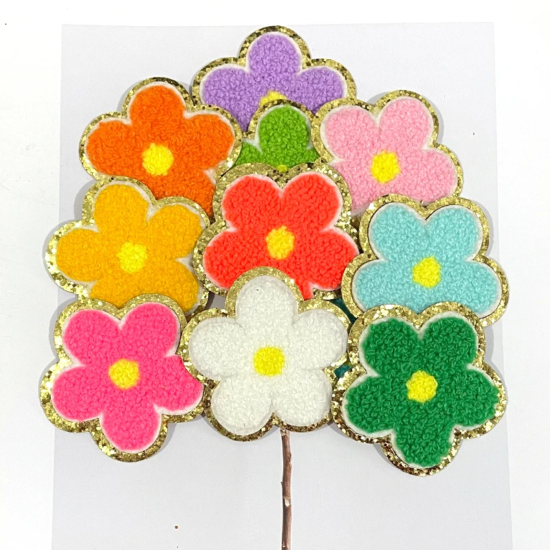Flower Patch Trendy Chenille Patches self Adhesive Gold Glitter Sequin heat Iron on 6.2cm Colorful Flower patch for Clothing Hat