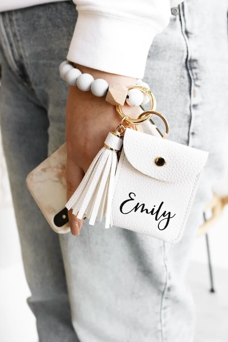 Keychain Wristlet Wallet With Bangle Bracelet Key Ring Colorful Beads Holder Gifts Holiday Women
