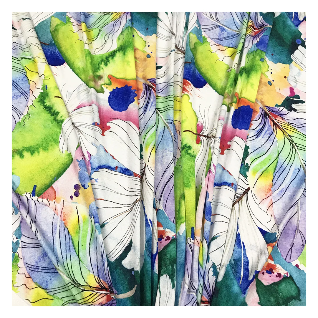 The factory outlet vibrant leaf design custom digital printed original bamboo fiber fabric for garment