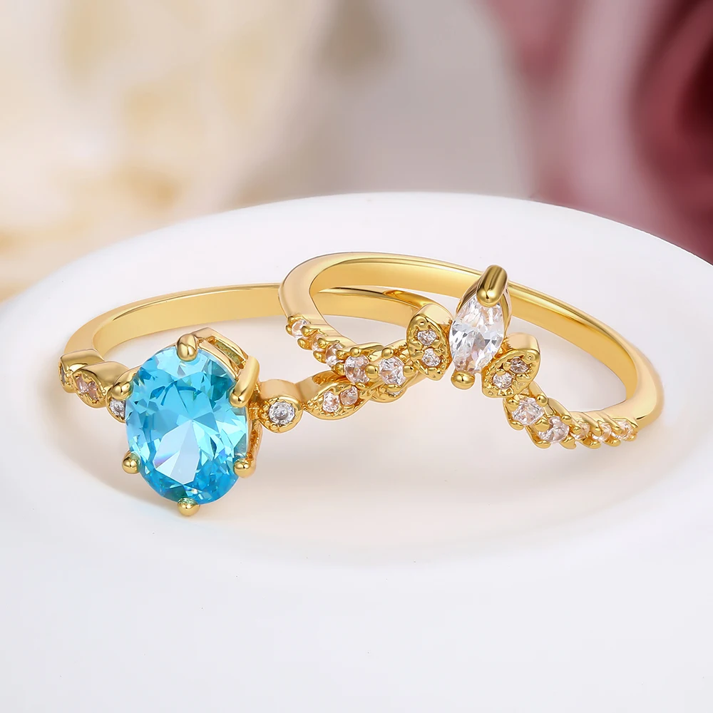 ZHEFAN Custom Design Ring Crystal Natural Aquamarine Luxurious Wedding Ring Gemstone Wedding Rings Couple Set