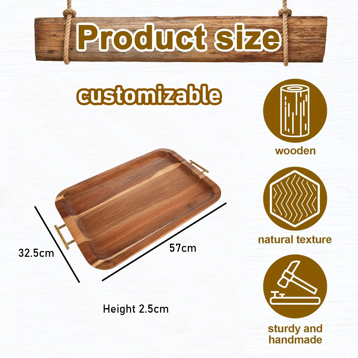 Acacia Wood Serving Tray with Handles Decorative Serving Trays Platter for Breakfast in Bed, Lunch, Dinner