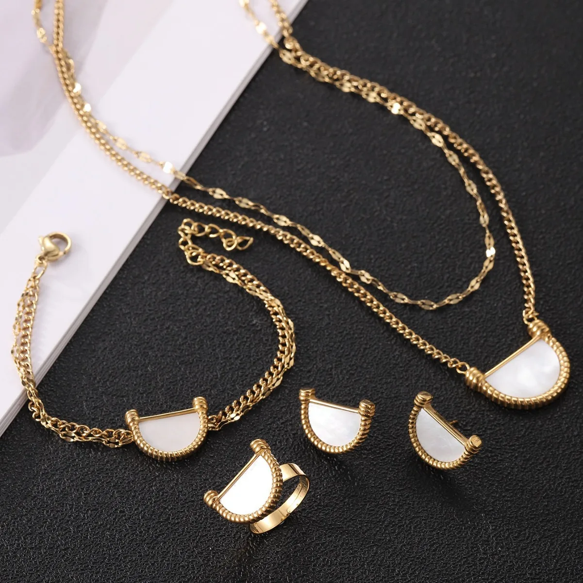 Fashion original design ring bracelet niche retro high sense natural white fritillary earring necklace