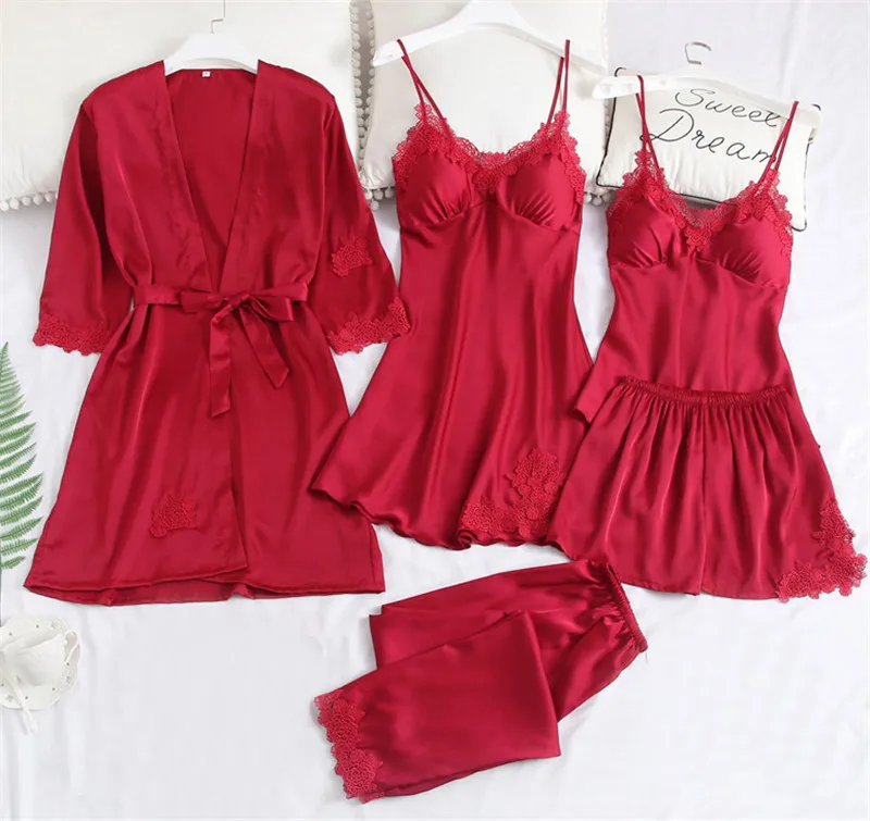 ladies New 5 Five Piece Pajamas Silk Pajamas Suspender Skirt Pajamas for Women Home Service sleepwear set