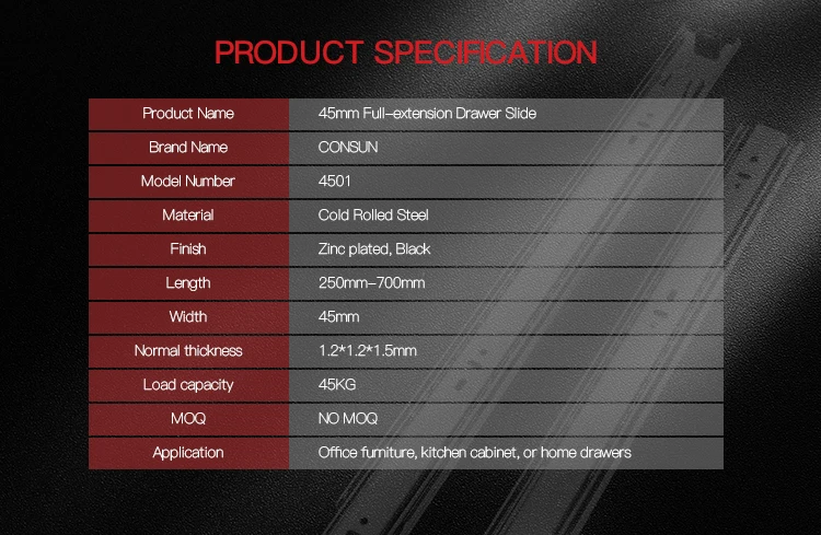 2022 Furniture Hardware Accessary Hot Sale Heavy Duty Full Extension Ball Bearing 3 Fold Telescopic Channel Drawer Steel Slides