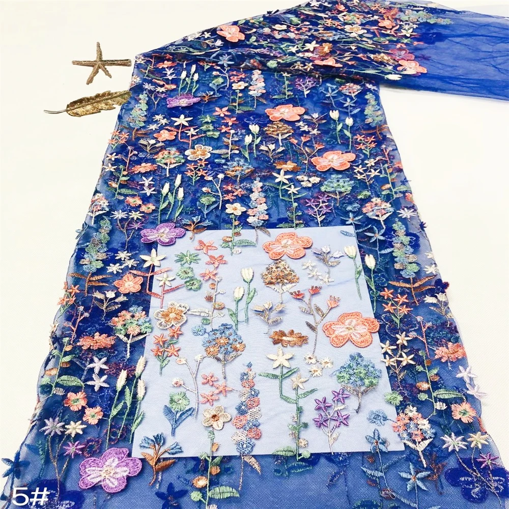 2024 New Design Embroidery Colorful Tulle 3D Floral Colorful Handmade Flower Embroidery Lace Mesh Fabric