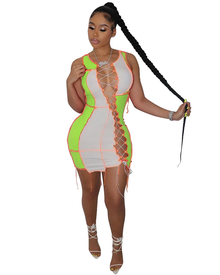 DUODUOCOLOR Summer 2021 bodycon dresses clashing color splicing sexy club wear hollow out bandage dress D97227