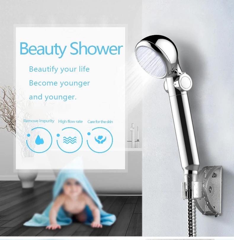 High pressure saving water long handle water spa filtered adjustable rainfall water purifier shower head