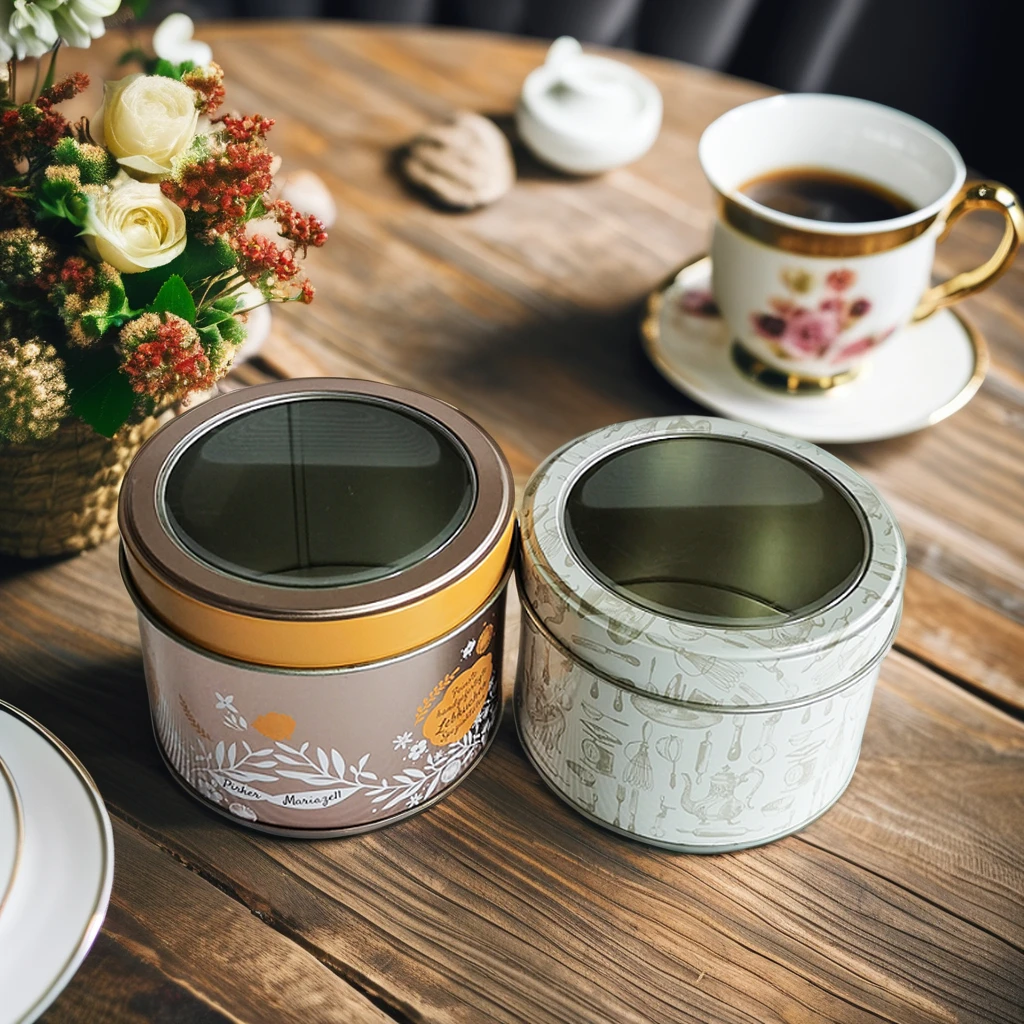 Portable Tinplate Round Tins Cans Custom Printed Luxury Mini Small Suger Coffee Tea Can Canister Tin Box Transparent Cover