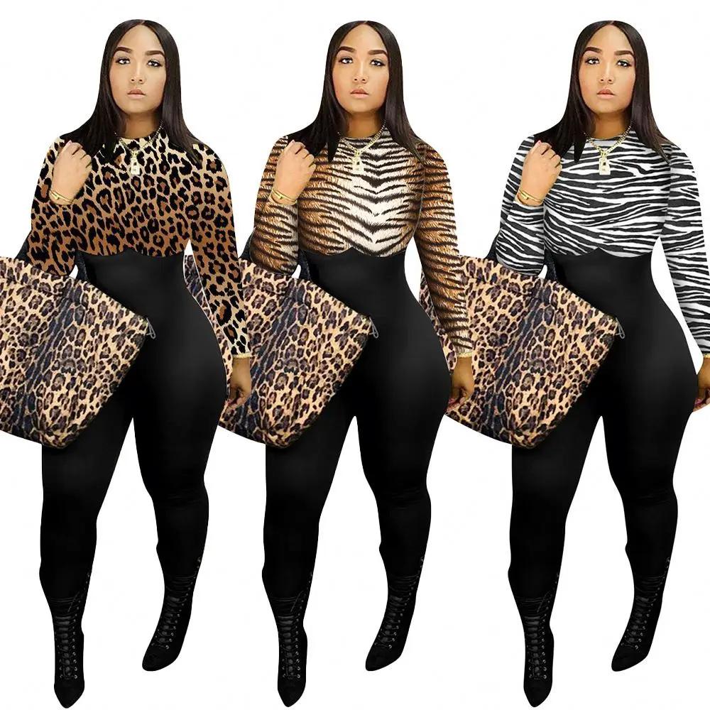 KD3287 2022 Winter S-4Xl Plus Size ladies Sexy Casual Long Sleeve Leopard print Bodycon One Piece Rompers Women Jumpsuits