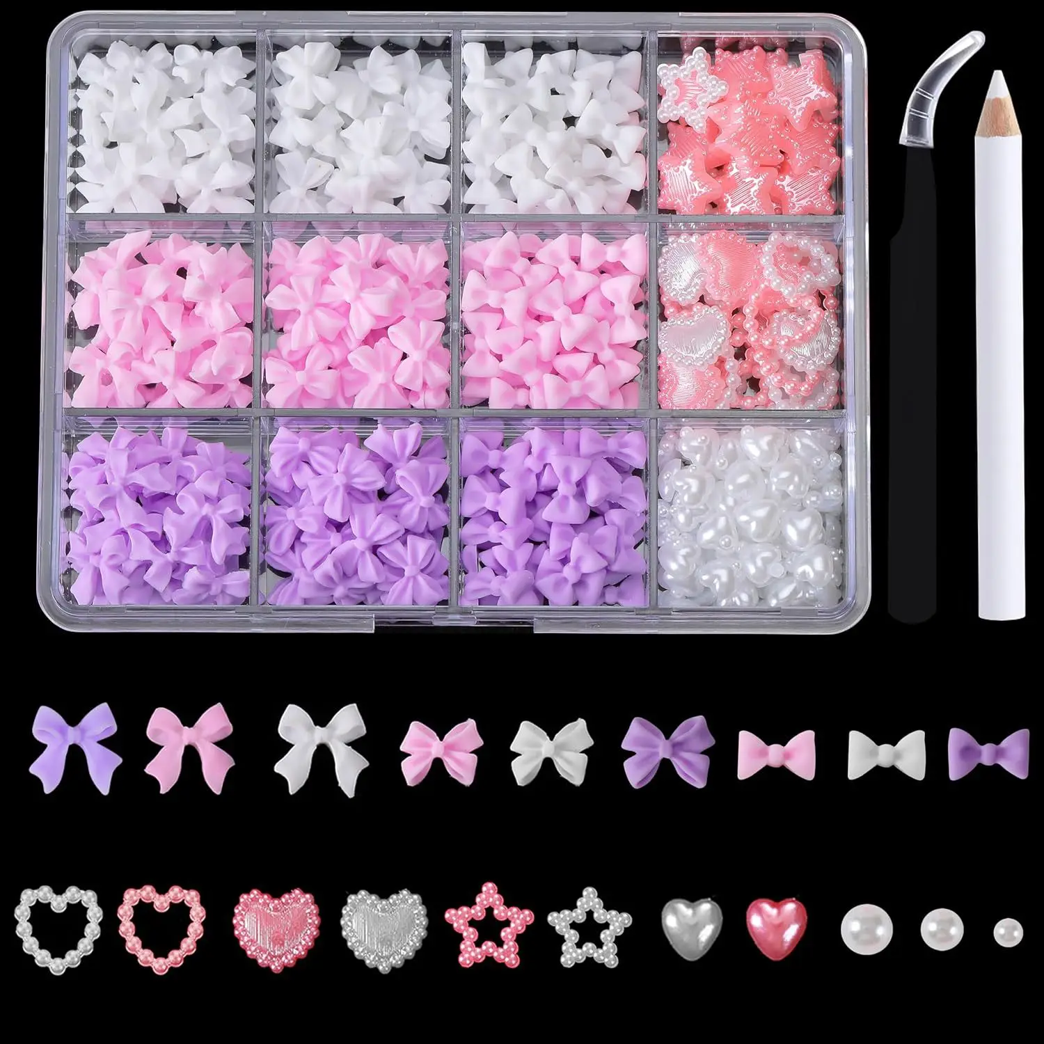 12-Grid Ribbon Bow Tie Christmas White and Red Resin Bow Nail Art Accessories Mixed Set DIY