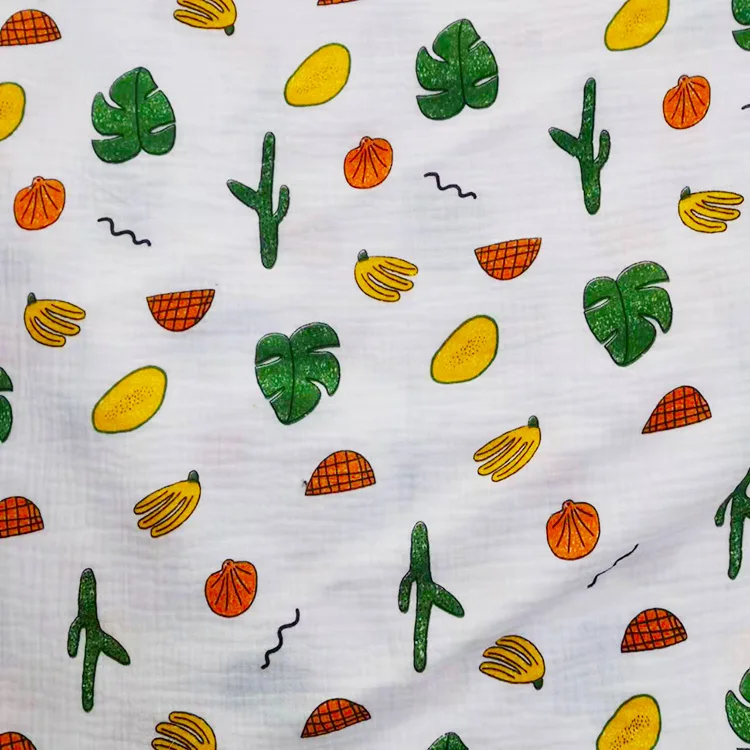 2 Layer Wholesale Customized Fruit Print Organic100% Cotton Double Gauze Muslin Fabric