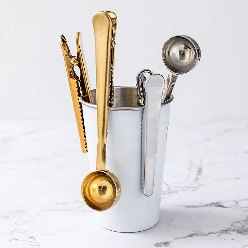 Metal 2 In 1 Coffee Bean Measuring Spoon Food Bag Sealing Clip Coffee Spoon Clip