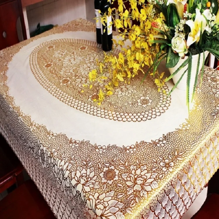 137*181cm factory supplier wholesale custom PVC lace table cloth gold printed plastic dining table cover roll