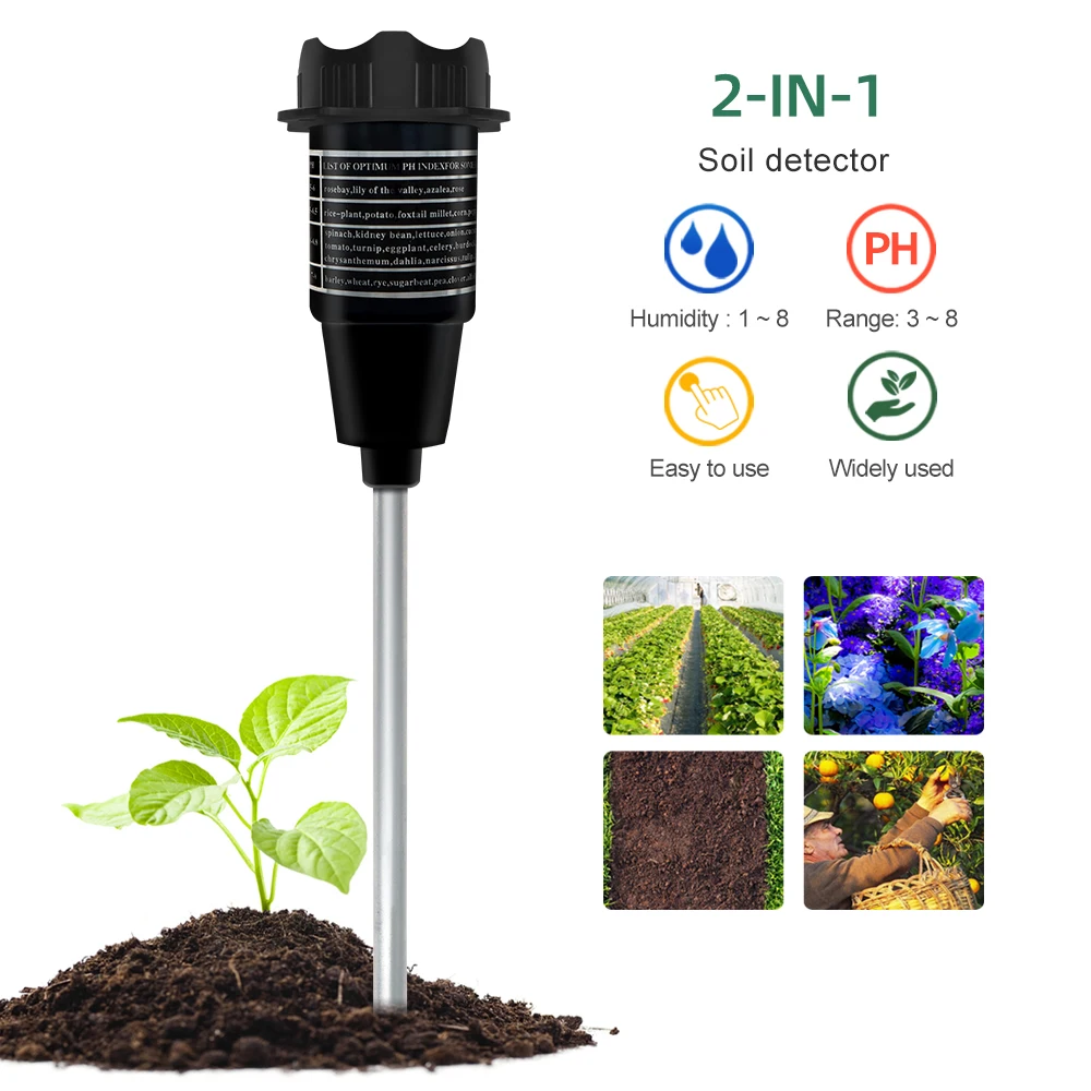 2 in 1 Soil Ph Meter 3-8ph Moisture Humidity Analyzer Acidity Tester Metal Long Probe Detector for Plants Garden Measure Tool