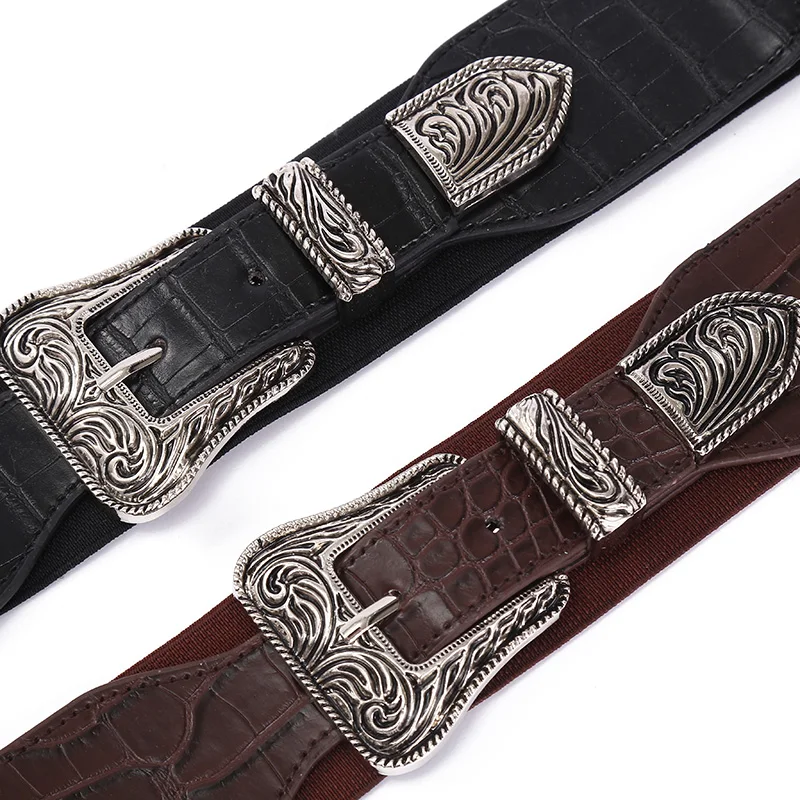 Leather Ladies Elastic Belt Black Retro Metal Square Buckle Belt Ladies Denim Trousers Belt Ceinture Femme