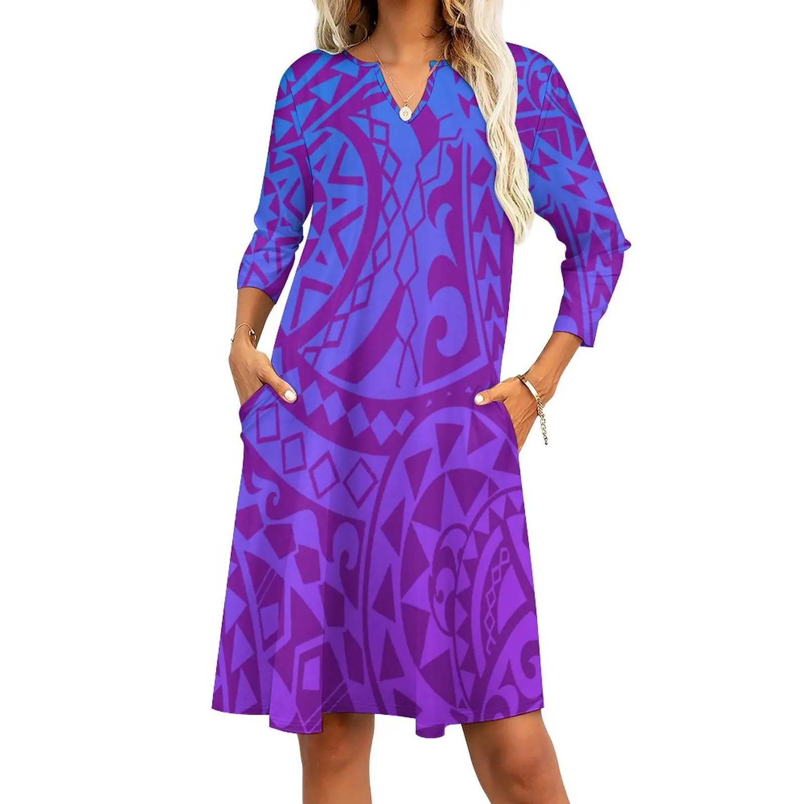 Best Price Wholesale Custom Undefined Plus Size Womens Casual Dresses Purple Pacific Island 3/4 Sleeve V Neck Dresses Milk Silk