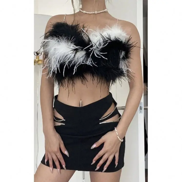 Femme 2022 Vest Knitted Top Party Camisole With Ostrich Feather Trim  Sexy Underwear