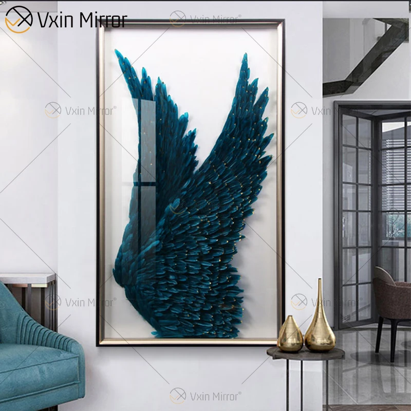 Modern decorative picture of round feather WXPP-69 3D Angel Feather Wings Decor Paintings on The Wall  for Living Room Framed